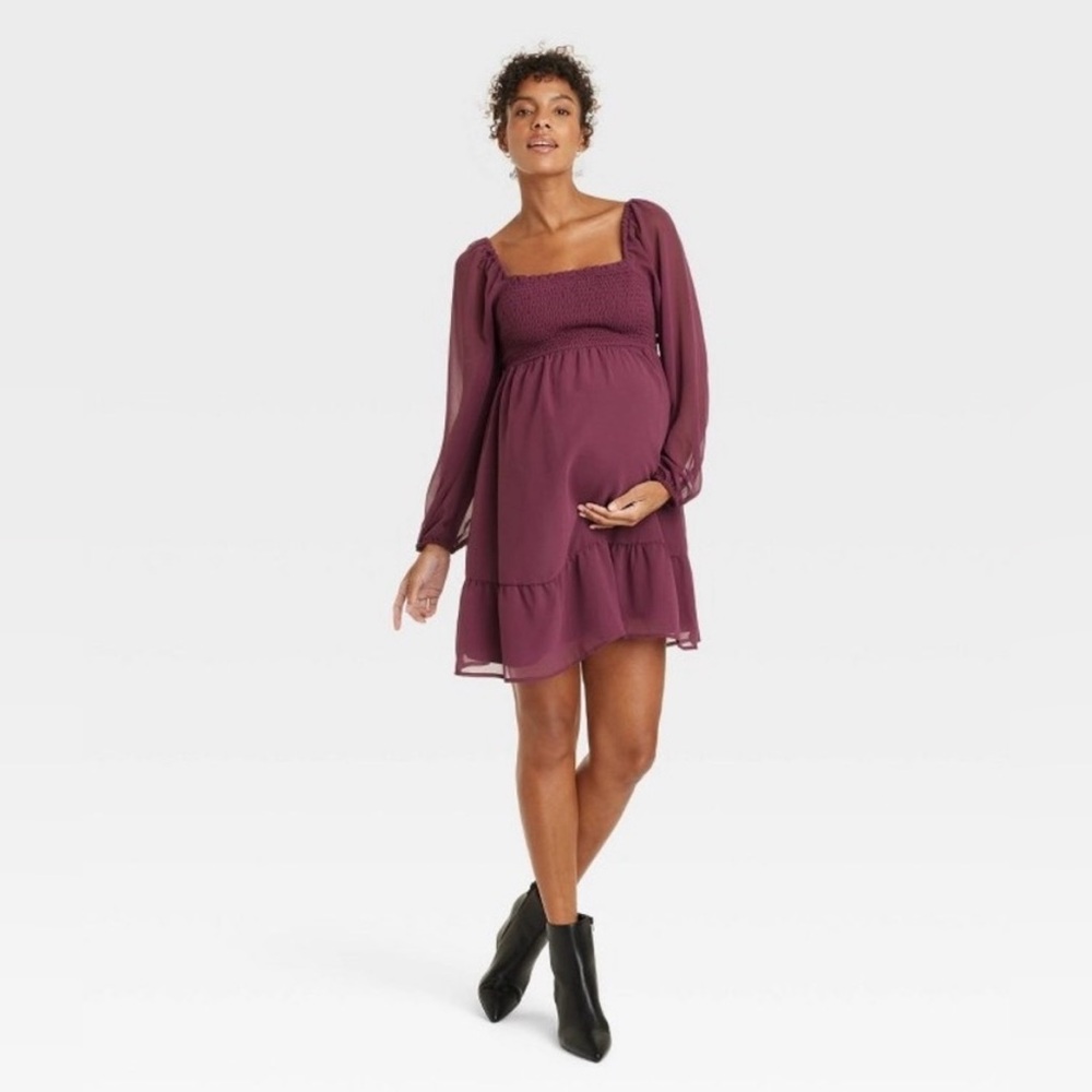 NWOT Burgundy Long Sleeve Smocked Chiffon Mini Maternity Empire Waist Dress, L